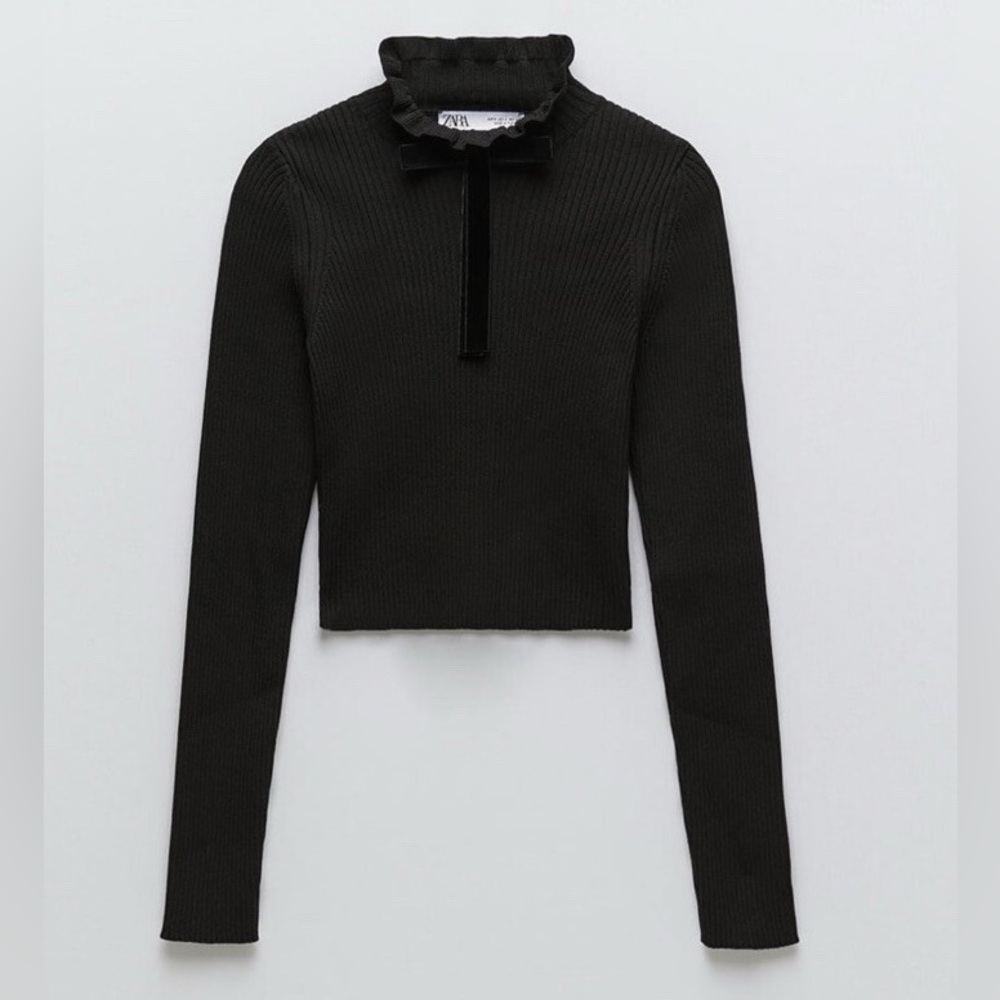 Zara Black Ribbed Velvet Bow Cropped Turtleneck Sweater Size M